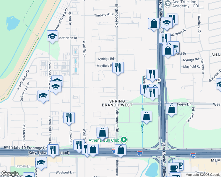 map of restaurants, bars, coffee shops, grocery stores, and more near 1225 Brittmoore Road in Houston