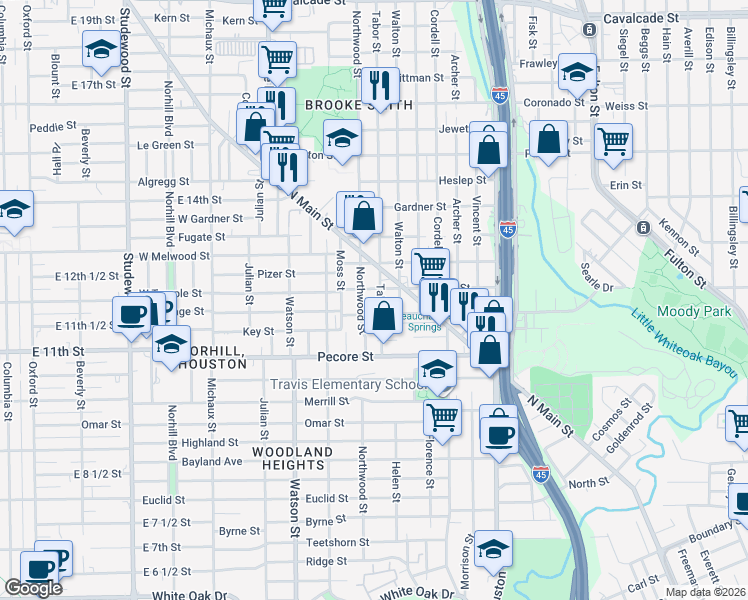 map of restaurants, bars, coffee shops, grocery stores, and more near 211 Tabor Street in Houston