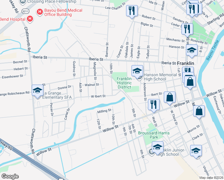 map of restaurants, bars, coffee shops, grocery stores, and more near 834 10th Street in Franklin