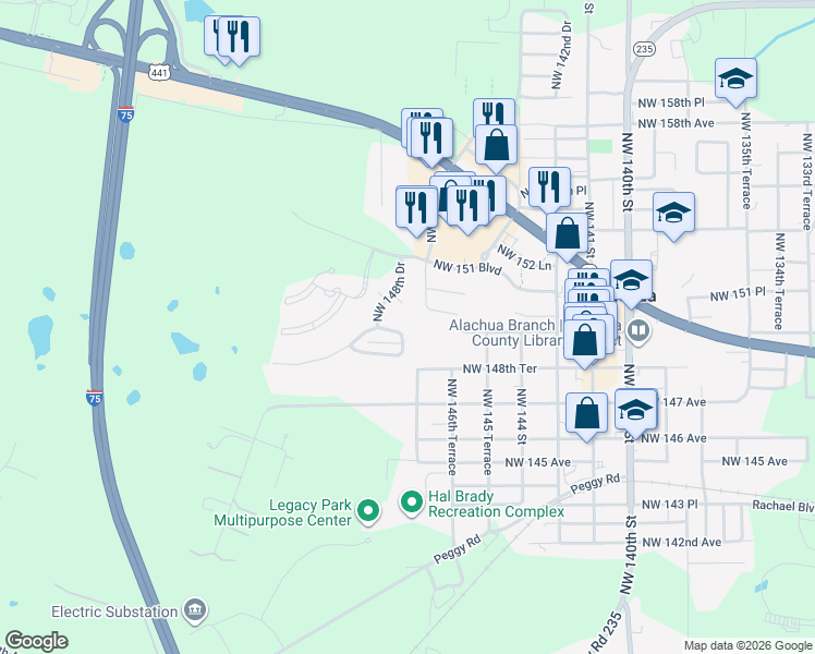 map of restaurants, bars, coffee shops, grocery stores, and more near 14812 Northwest 149th Road in Alachua