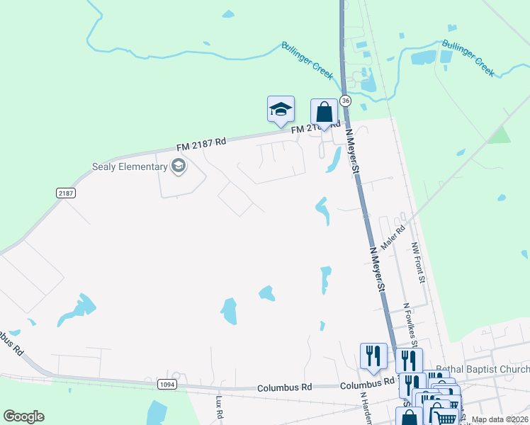 map of restaurants, bars, coffee shops, grocery stores, and more near 436 Hunters Crossing Drive in Sealy