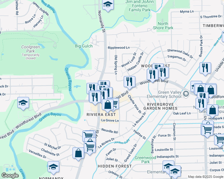 map of restaurants, bars, coffee shops, grocery stores, and more near 12603 Woodforest Boulevard in Houston
