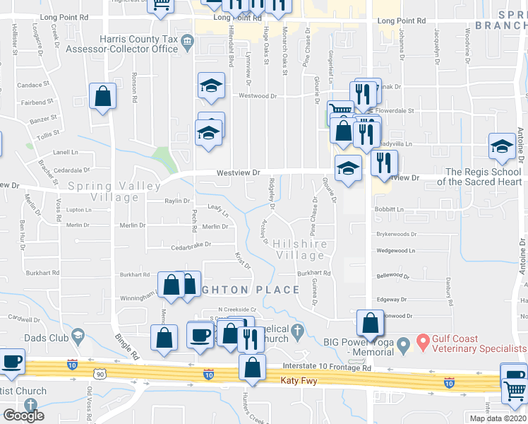 map of restaurants, bars, coffee shops, grocery stores, and more near 1253 Archley Drive in Houston