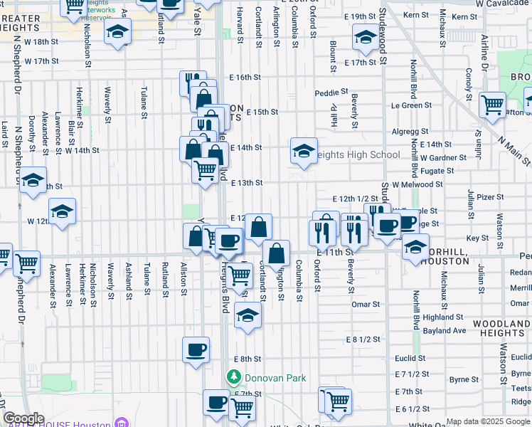 map of restaurants, bars, coffee shops, grocery stores, and more near 1206 Cortlandt Street in Houston