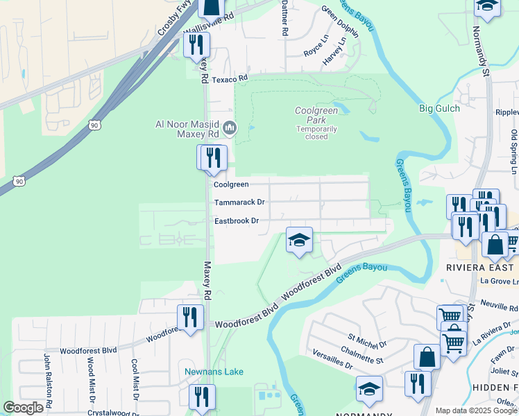 map of restaurants, bars, coffee shops, grocery stores, and more near 12614 Tammarack Drive in Houston