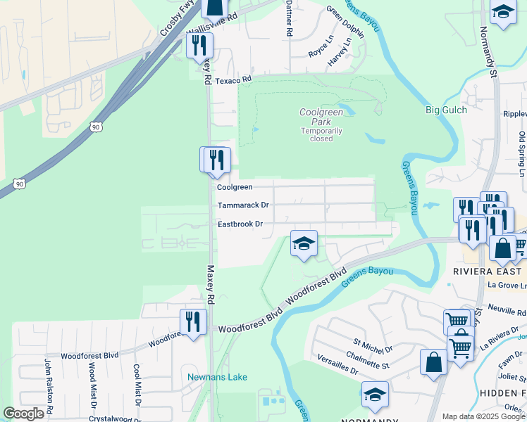 map of restaurants, bars, coffee shops, grocery stores, and more near 12614 Tammarack Drive in Houston