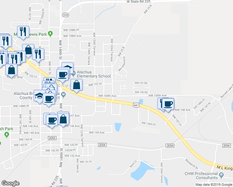 map of restaurants, bars, coffee shops, grocery stores, and more near 13306 Northwest 150 Avenue in Alachua