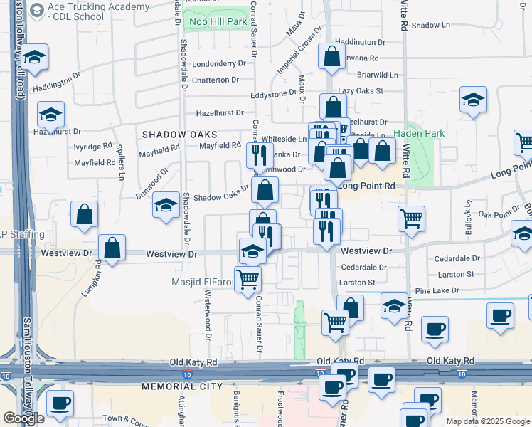 map of restaurants, bars, coffee shops, grocery stores, and more near 1270 Conrad Sauer Drive in Houston