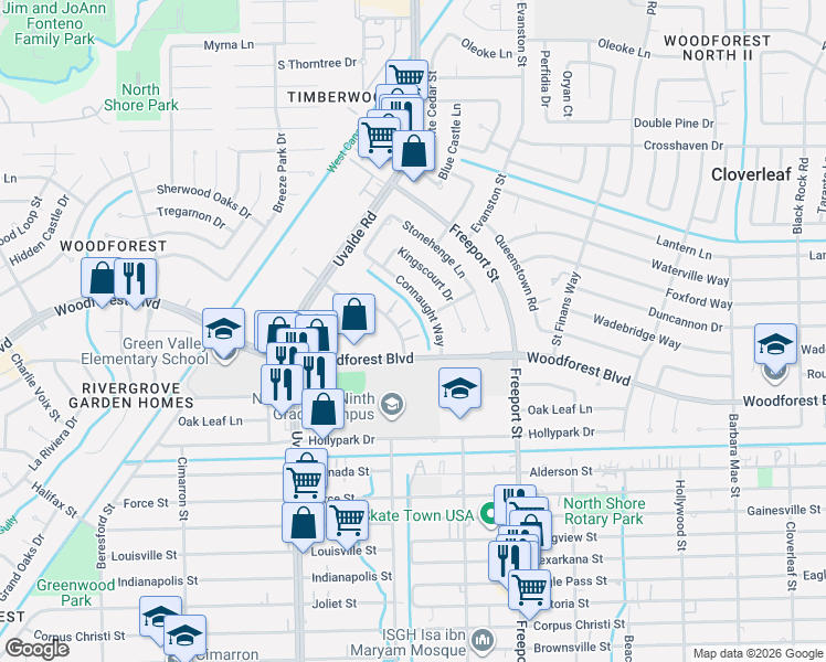 map of restaurants, bars, coffee shops, grocery stores, and more near 361 Audrey Lane in Houston