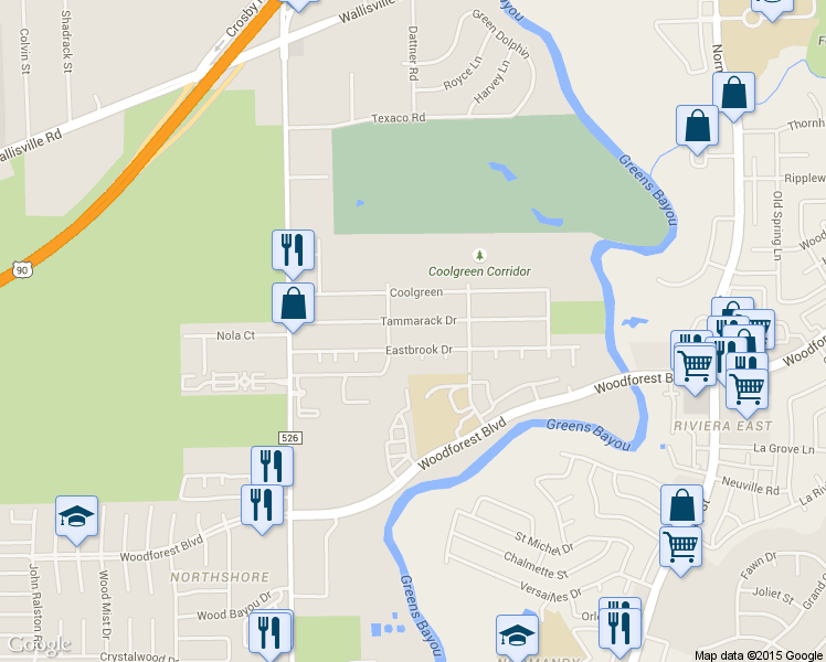 map of restaurants, bars, coffee shops, grocery stores, and more near 12714 Tammarack Drive in Houston