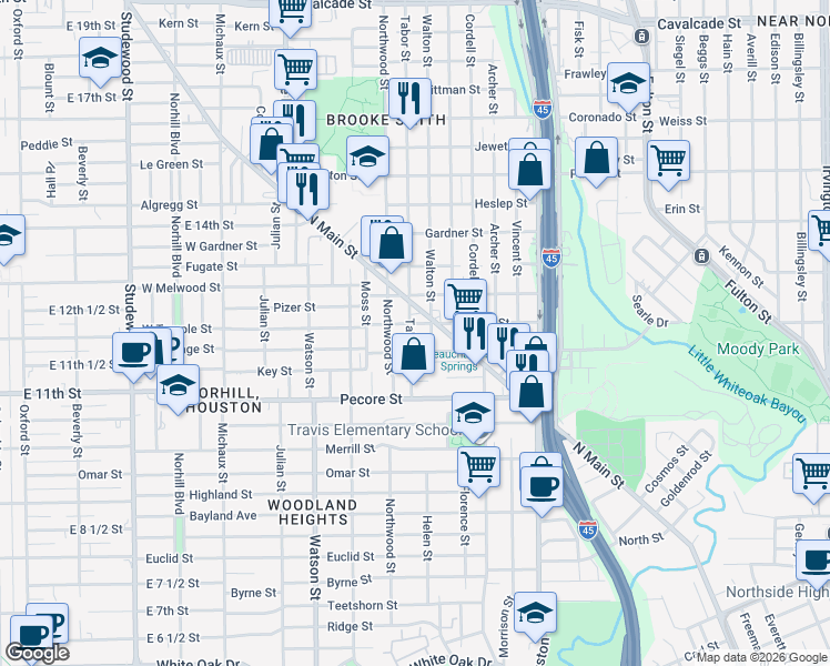 map of restaurants, bars, coffee shops, grocery stores, and more near 211 Tabor Street in Houston