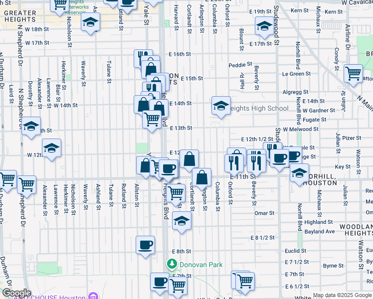 map of restaurants, bars, coffee shops, grocery stores, and more near 1207 Cortlandt Street in Houston