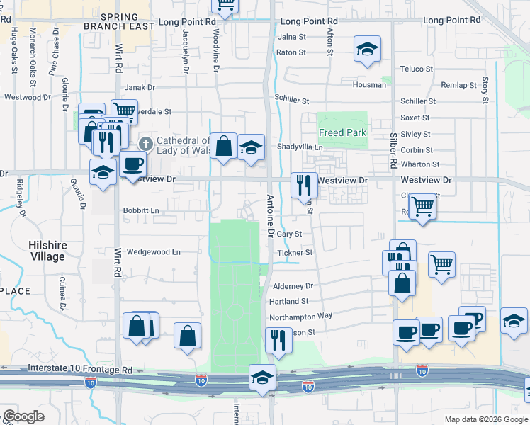 map of restaurants, bars, coffee shops, grocery stores, and more near 1311 Antoine Drive in Houston