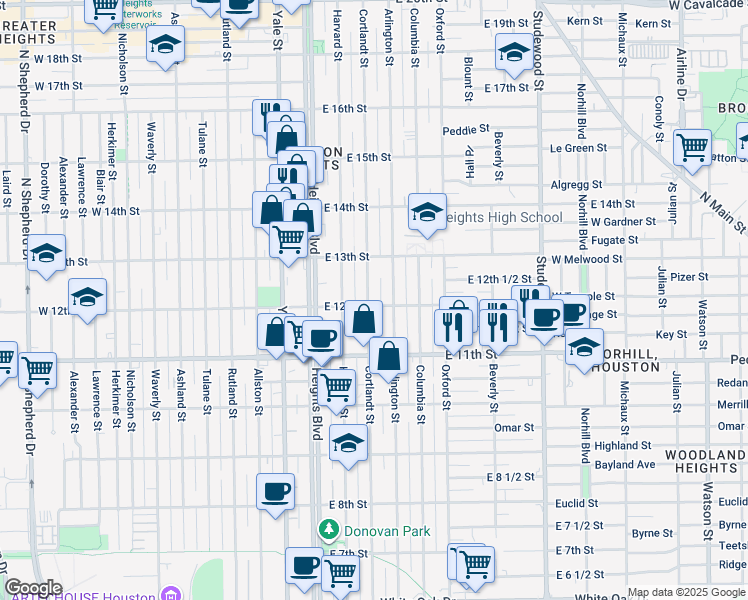 map of restaurants, bars, coffee shops, grocery stores, and more near 1206 Cortlandt Street in Houston
