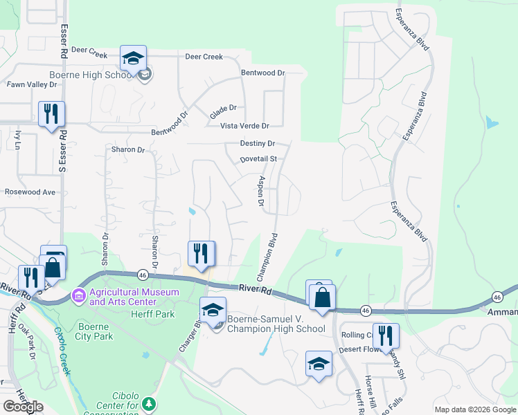 map of restaurants, bars, coffee shops, grocery stores, and more near 302 Woods of Boerne Boulevard in Boerne