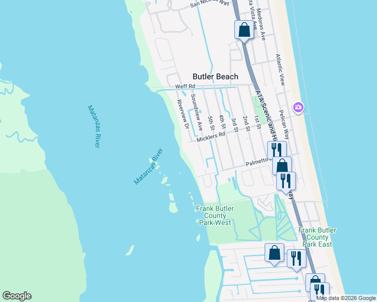 map of restaurants, bars, coffee shops, grocery stores, and more near 345 Micklers Road in St. Augustine
