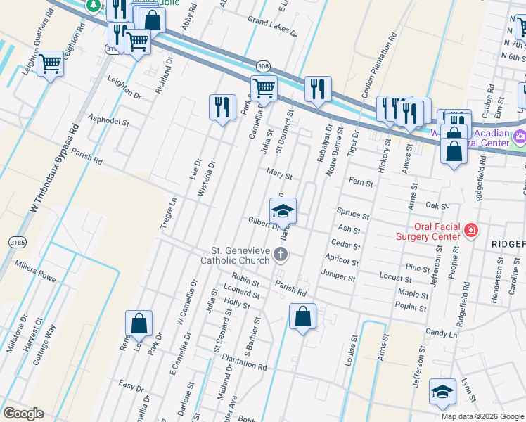 map of restaurants, bars, coffee shops, grocery stores, and more near 319 Saint Bernard Street in Thibodaux