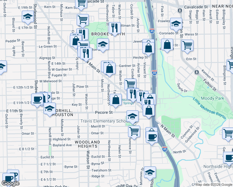map of restaurants, bars, coffee shops, grocery stores, and more near 211 Tabor Street in Houston