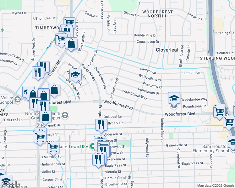 map of restaurants, bars, coffee shops, grocery stores, and more near 13927 Roundstone Lane in Houston