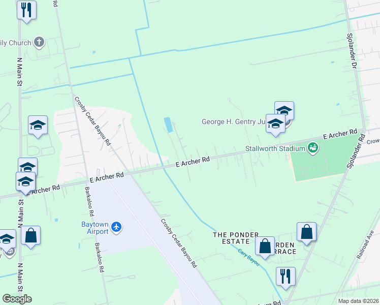 map of restaurants, bars, coffee shops, grocery stores, and more near 1221 East Archer Road in Baytown