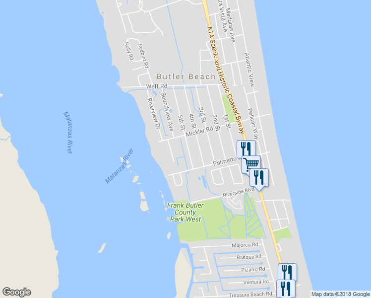 map of restaurants, bars, coffee shops, grocery stores, and more near 5455 5th Street in St. Augustine