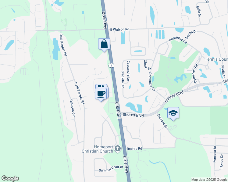 map of restaurants, bars, coffee shops, grocery stores, and more near 5275 Dixie Highway in St. Augustine