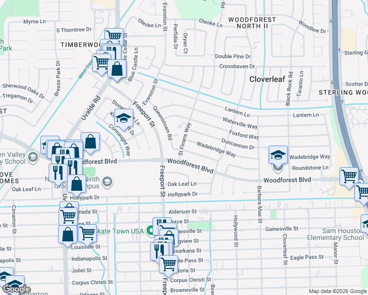 map of restaurants, bars, coffee shops, grocery stores, and more near 13927 Roundstone Lane in Houston