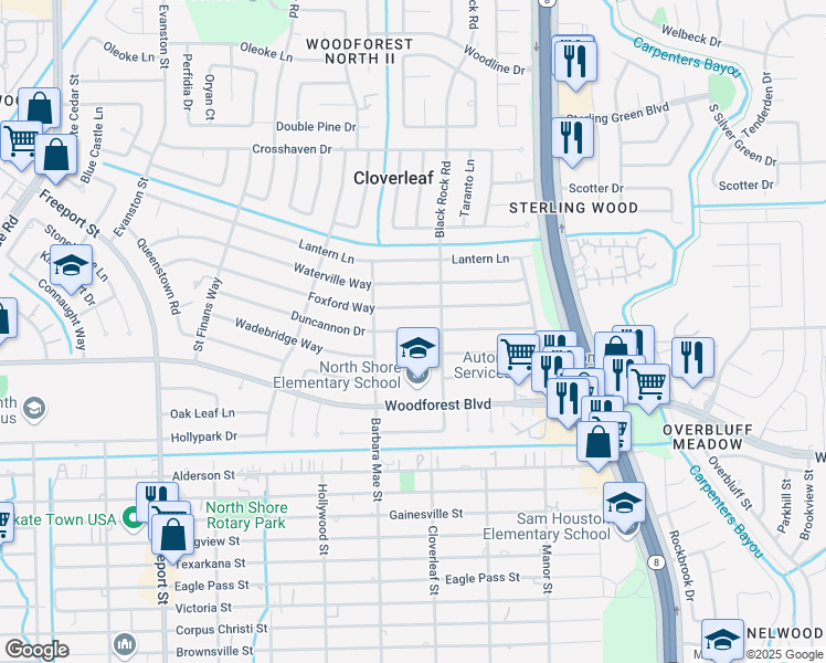 map of restaurants, bars, coffee shops, grocery stores, and more near 14319 Duncannon Drive in Houston