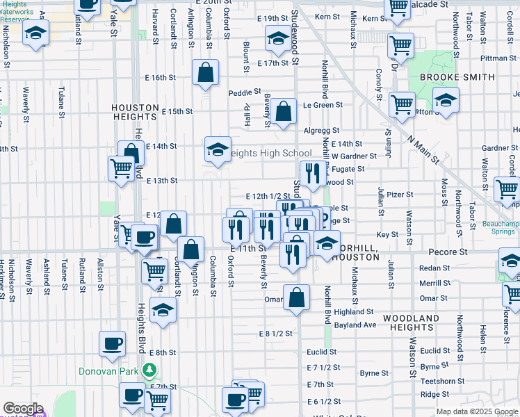map of restaurants, bars, coffee shops, grocery stores, and more near 715 East 12th Street in Houston