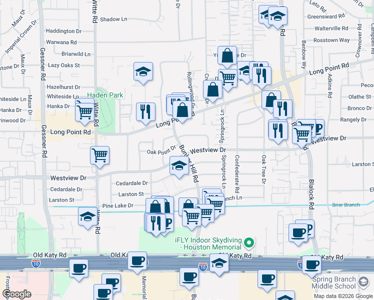 map of restaurants, bars, coffee shops, grocery stores, and more near 9748 Westview Drive in Houston