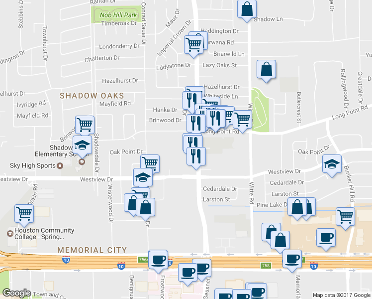 map of restaurants, bars, coffee shops, grocery stores, and more near 10144 Beekman Place Drive in Houston