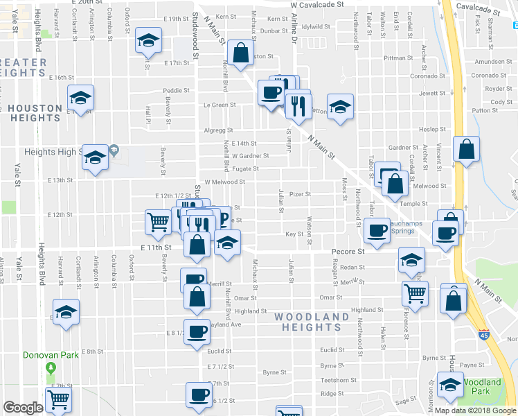 map of restaurants, bars, coffee shops, grocery stores, and more near 942 West Temple Avenue in Houston