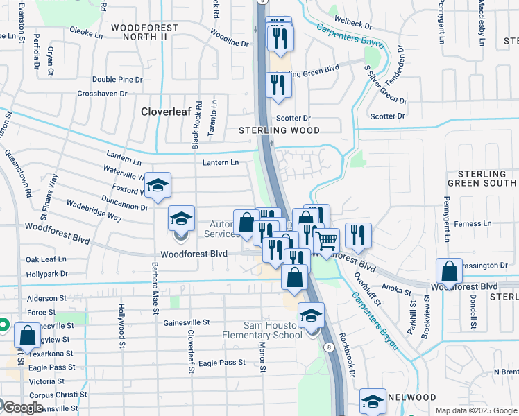 map of restaurants, bars, coffee shops, grocery stores, and more near 359 Haymarket Lane in Houston