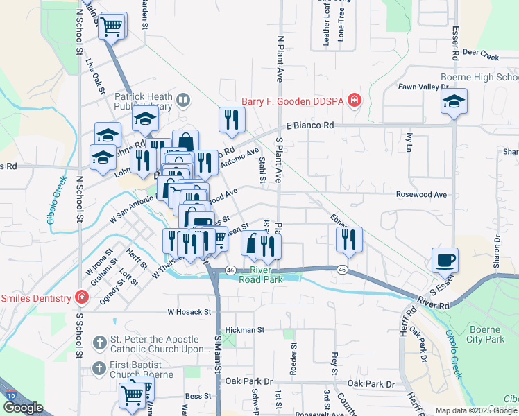 map of restaurants, bars, coffee shops, grocery stores, and more near 314 James Street in Boerne