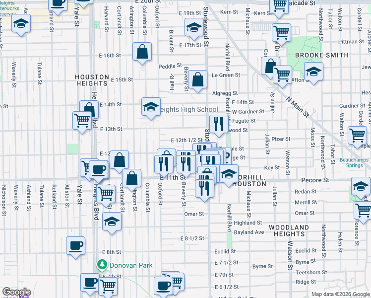 map of restaurants, bars, coffee shops, grocery stores, and more near 715 East 12th Street in Houston