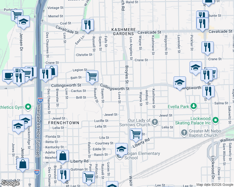 map of restaurants, bars, coffee shops, grocery stores, and more near 3428 Milbrad Street in Houston