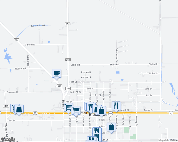 map of restaurants, bars, coffee shops, grocery stores, and more near 3986 Avenue B in Brookshire