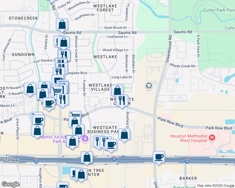 map of restaurants, bars, coffee shops, grocery stores, and more near 19411 Coppervine Lane in Houston