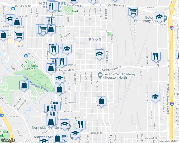 map of restaurants, bars, coffee shops, grocery stores, and more near 3517 Chapman Street in Houston