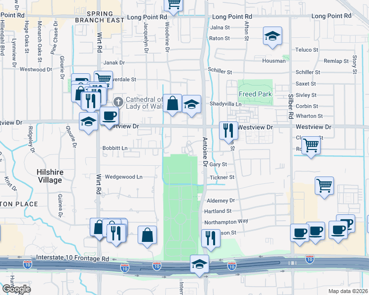 map of restaurants, bars, coffee shops, grocery stores, and more near 1311 Antoine Drive in Houston