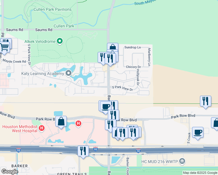 map of restaurants, bars, coffee shops, grocery stores, and more near 10601 South Parkview Drive in Houston