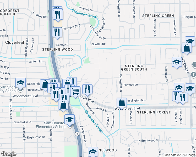 map of restaurants, bars, coffee shops, grocery stores, and more near 963 Sterling Green Drive South in Channelview