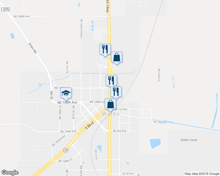 map of restaurants, bars, coffee shops, grocery stores, and more near 14987 Northeast US Highway 301 in Waldo