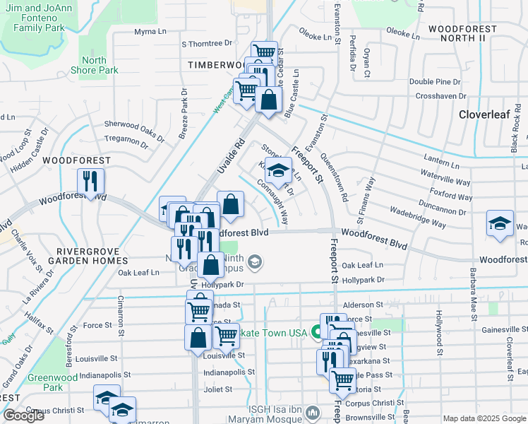 map of restaurants, bars, coffee shops, grocery stores, and more near 359 Audrey Lane in Houston
