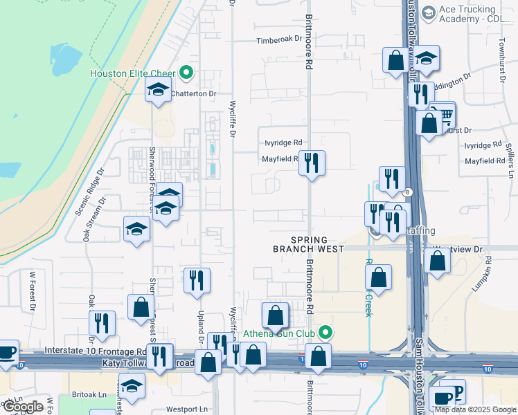 map of restaurants, bars, coffee shops, grocery stores, and more near 1225 Brittmoore Road in Houston