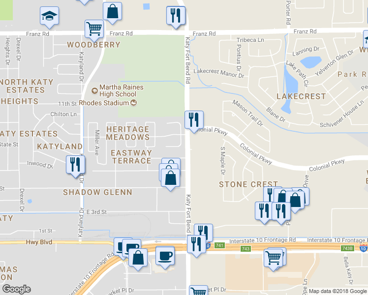 map of restaurants, bars, coffee shops, grocery stores, and more near 4925 South Nelson Drive in Katy