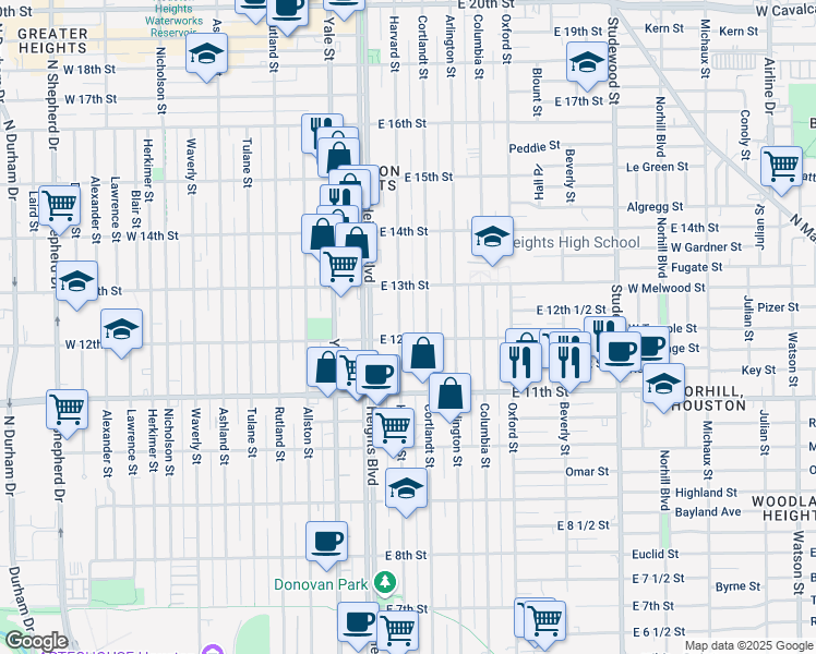 map of restaurants, bars, coffee shops, grocery stores, and more near 1210 Harvard Street in Houston