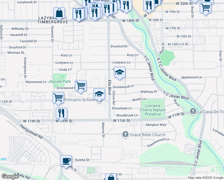 map of restaurants, bars, coffee shops, grocery stores, and more near 1247 Ella Boulevard in Houston