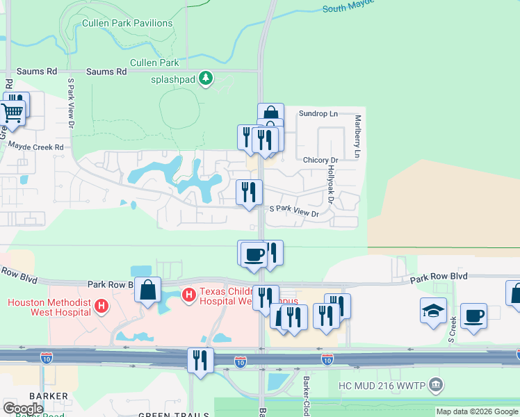 map of restaurants, bars, coffee shops, grocery stores, and more near 10411 South Parkview Drive in Houston