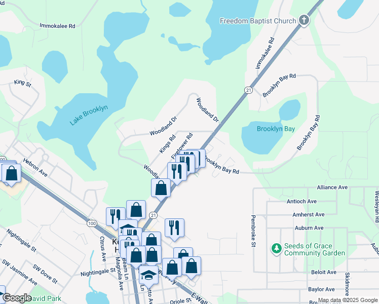map of restaurants, bars, coffee shops, grocery stores, and more near 7384 State Road 21 in Keystone Heights